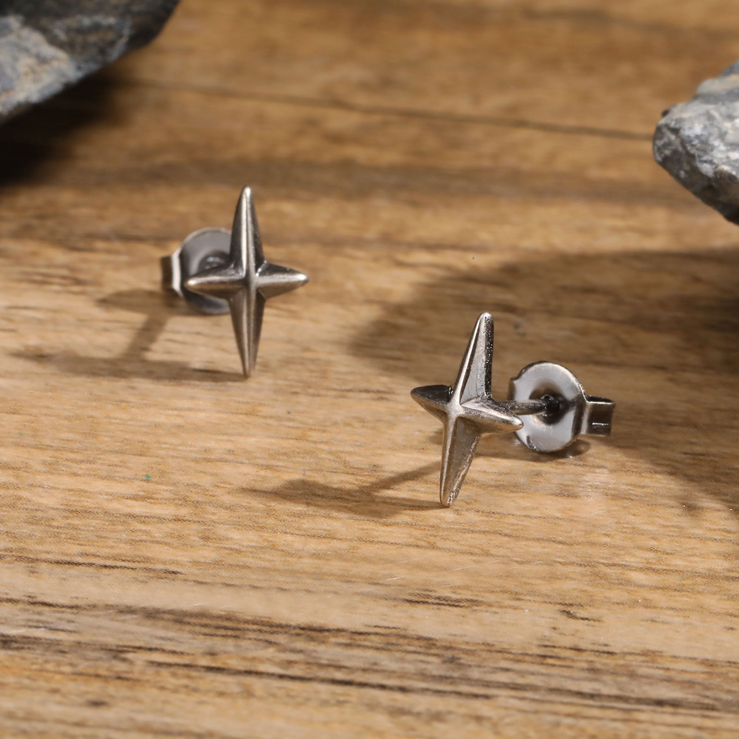 Kemstone Stainless Steel Four Point Star Stud Earrings – Punk Style ES-469