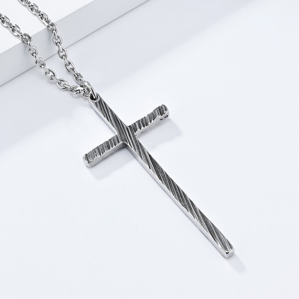 Kemstone Slim Textured Cross Pendant Necklace for Men Stainless Steel Vintage K-PT547