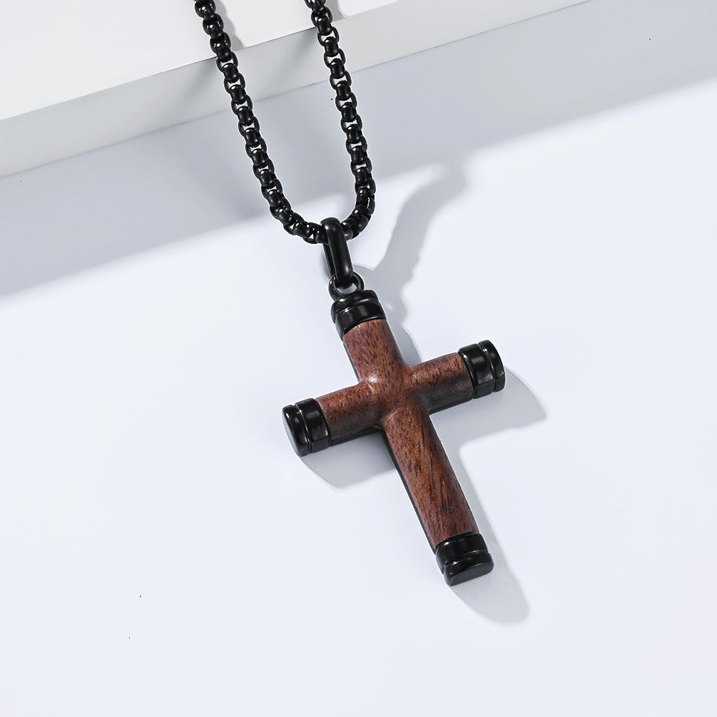 Kemstone Wood Inlay Cross Necklace for Men Stainless Steel Pendant K-PT737