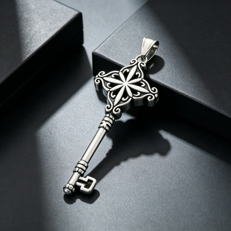 Kemston Stainless Steel Snake Wrap Rune Key Pendant Necklace for Men Gothic Labyrinth Symbol Key Charm KP118633-LU