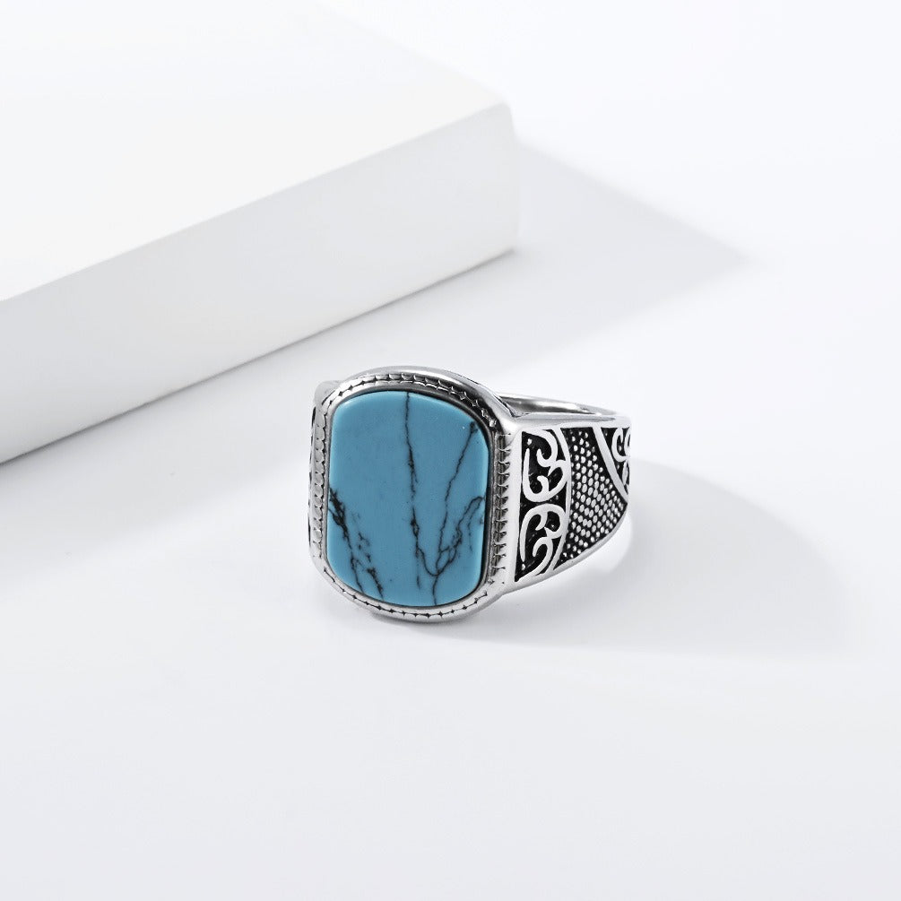 Kemston Vintage Signet Ring for Men Stainless Steel Square Stone Engraved Design K-R1197