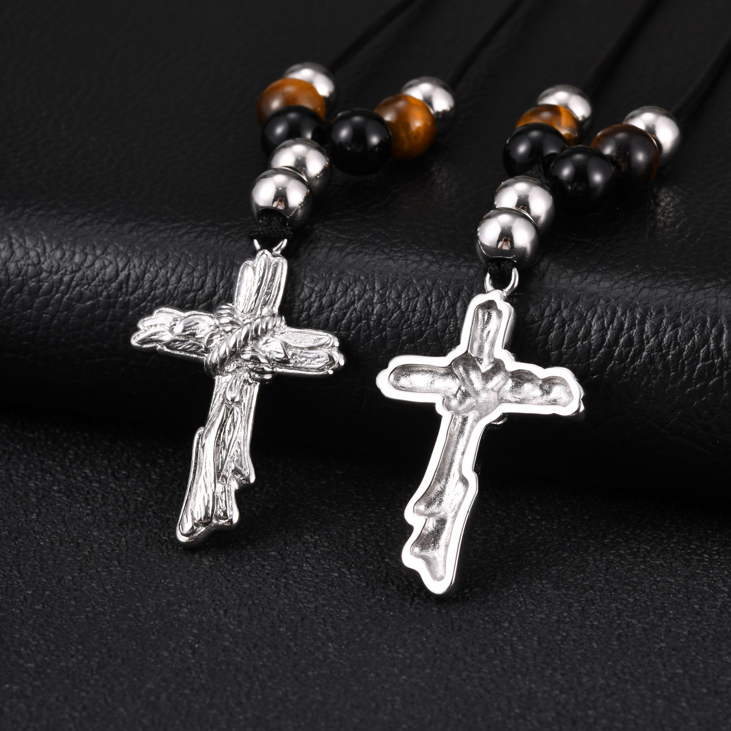 Kemston Beaded Cross Necklace for Men Black Onyx Tiger Eye Stainless Steel Adjustable Rope Pendant NC-2783