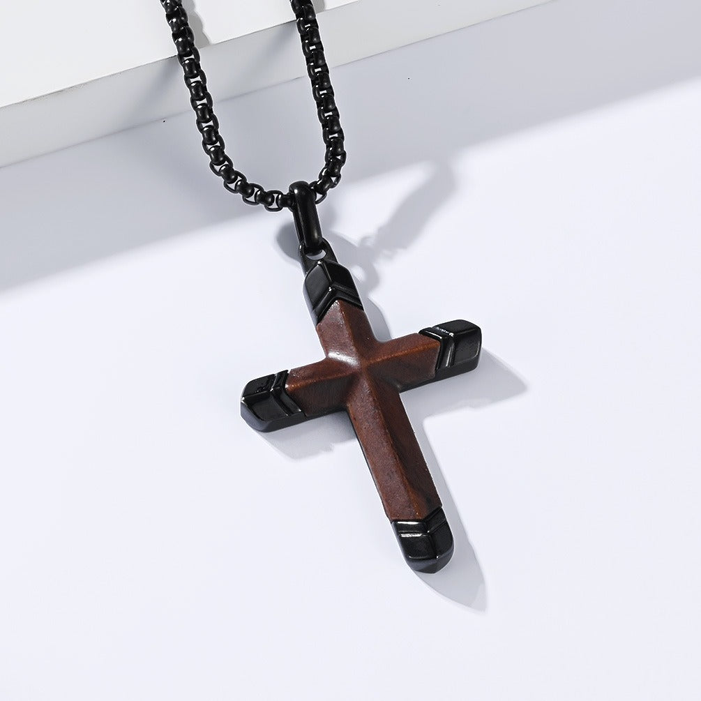 Kemstone Wood Cross Necklace for Men Stainless Steel Metal Accent Pendant K-PT736