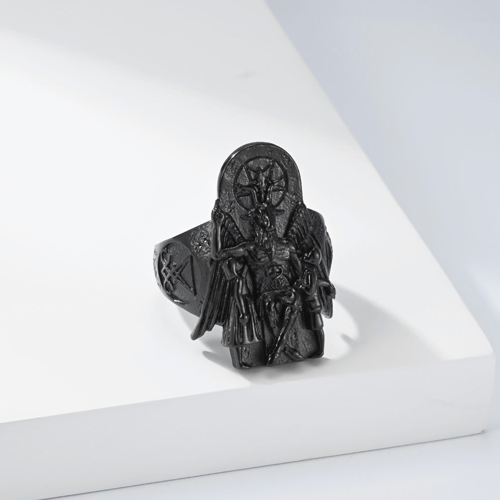 Kemstone Stainless Steel Goat Head Signet Ring – Gothic Vintage Style for Men K-R1154