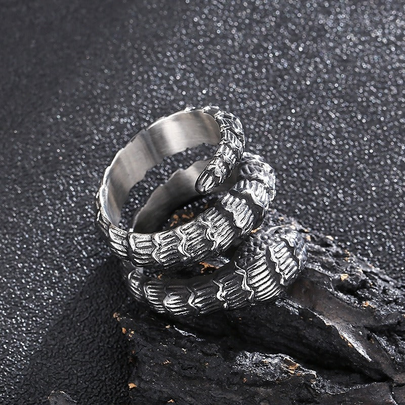 Kemstone Dark Forge Coiled Python Ring - Industrial Punk Stainless Steel Men's Statement Jewelry KR104866-KJX