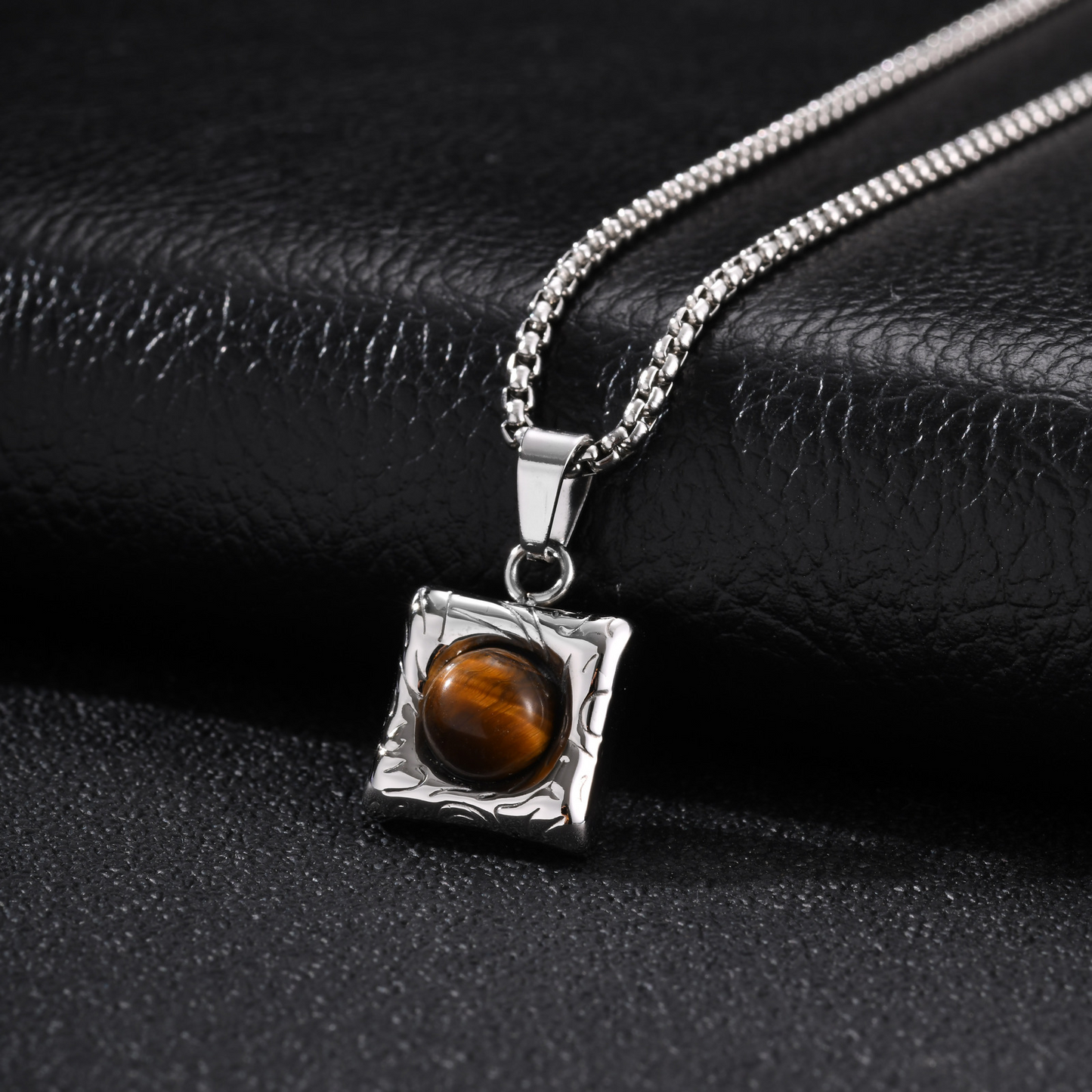 Kemston Stainless Steel Black Onyx Square Pendant Necklace for Men Minimal Stone Design PN-2421