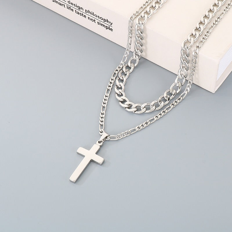 Kemstone Stainless Steel Cross Pendant Necklace for Men Layered NK Chain KN292217-Z
