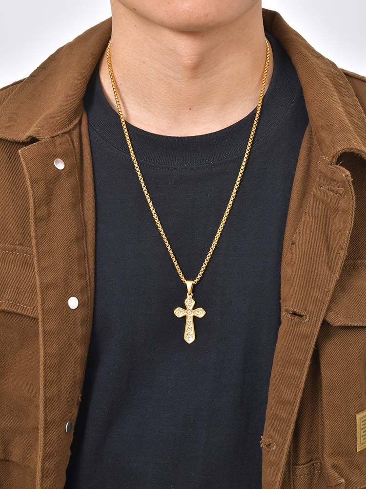 Kemstone Cross Pendant Necklace for Men Gold Plated Stainless Steel Cubic Zirconia Vintage Chain PN-2288