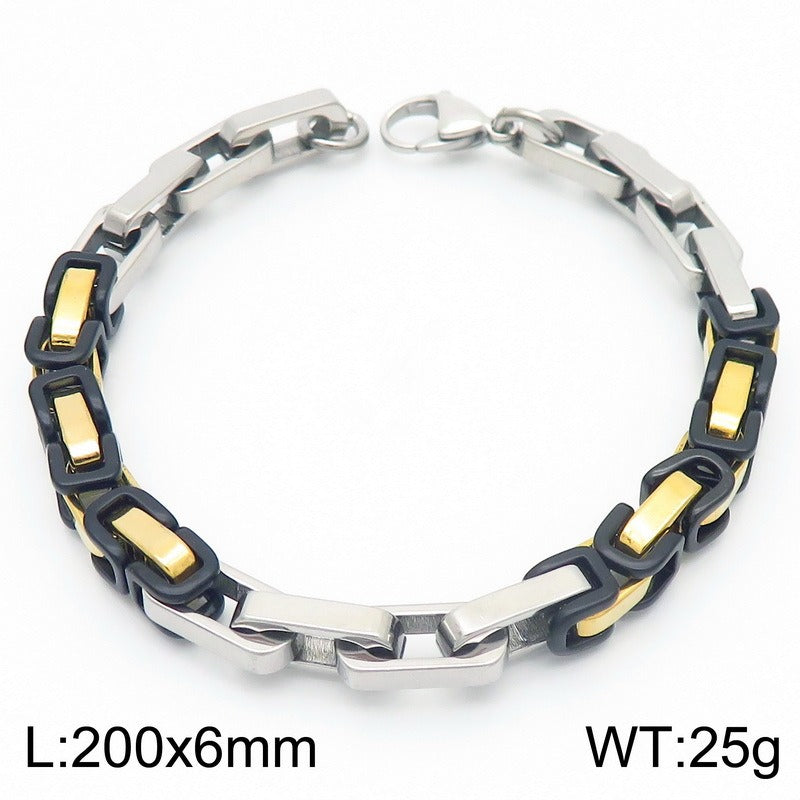 Kemstone Rock-Edge Steel Plate Bracelet – 6mm Mixed Metal Chain for Men | Gothic Punk Streetwear Jewelry KB185313-Z