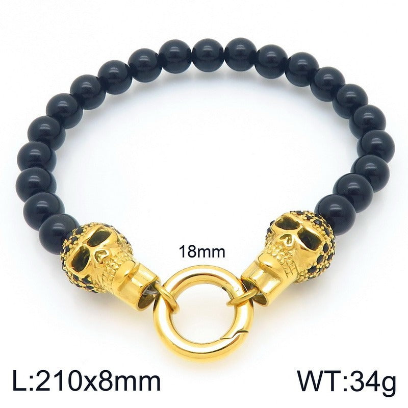 Kemstone Black Onyx Skull Bead Bracelet & Necklace – Titanium Steel with Cubic Zirconia Detail for Men B81841-BD