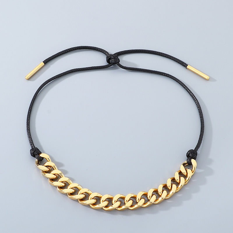 Kemstone Titanium Steel Cuban Link Necklace for Men,Black Wax Cord Western Style Gold Silver KN290590-Z