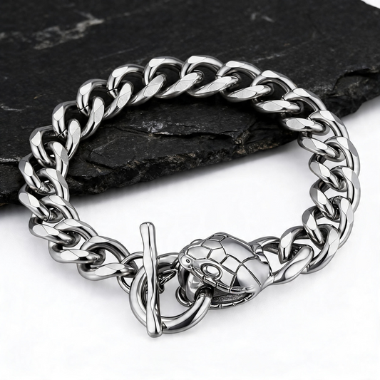 Kemstone Stainless Steel Snake Head Cuban Link Bracelet for Men OT Clasp Silver BR-2810