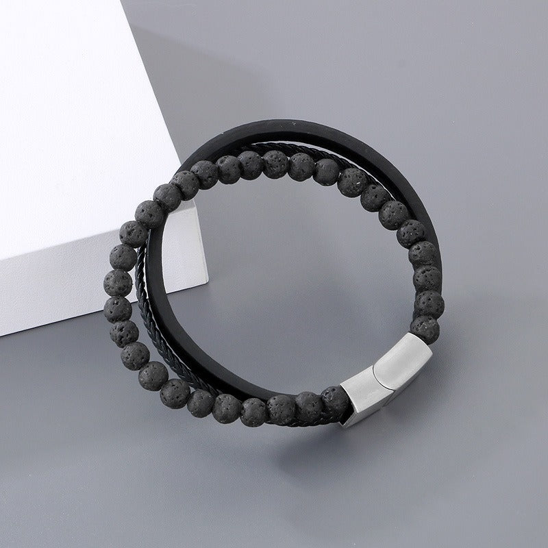 Kemstone Volcanic Rock Bracelet for Men Leather Stainless Steel Multi Layer KB180736-JR