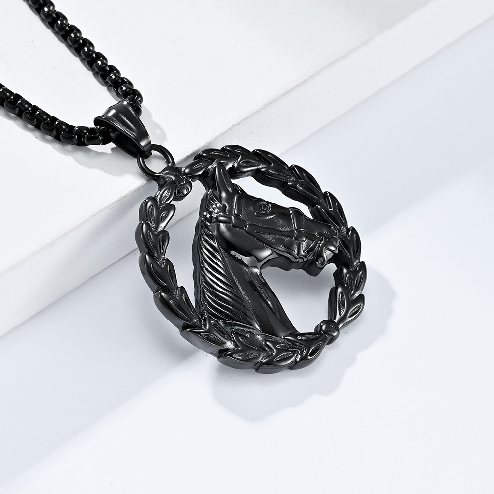 Kemstone Stainless Steel Horse Head Wreath Pendant Necklace for Men - Vintage Style K-PT448