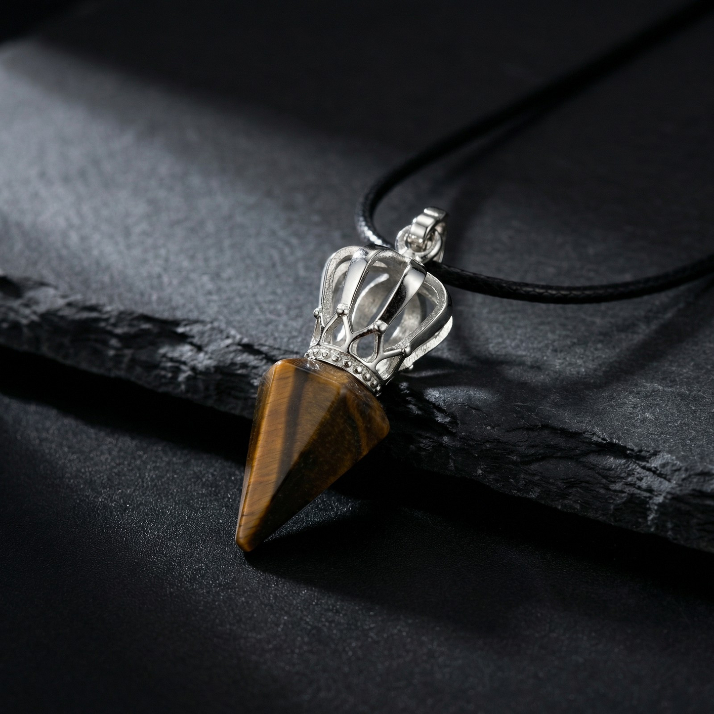 Kemstone Stainless Steel Bullet Tip Hexagonal Crown Tiger Eye Stone Pendant Necklace for Men PN-2286