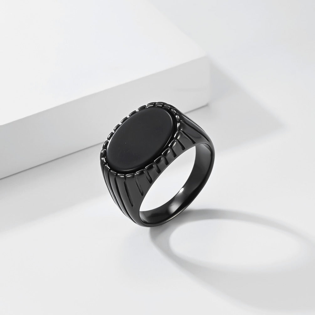 Kemstone Stainless Steel Black Stone Signet Ring for Men Vintage Oval K-R1177