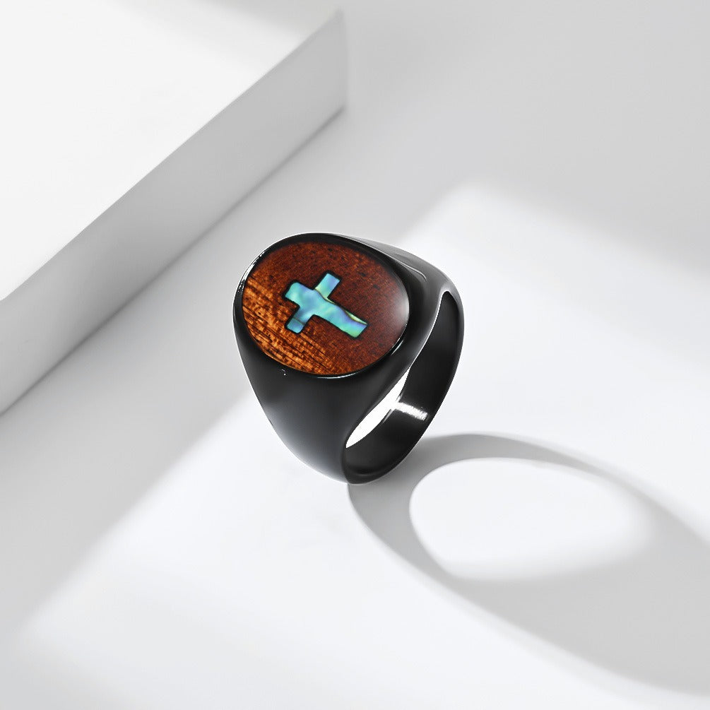 Kemstone Wood Inlay Cross Signet Ring for Men Stainless Steel Vintage K-R12390