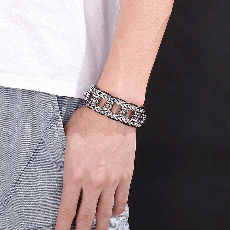 Kemstone Vintage-Style Dragon Bone Chain Bracelet & Punk Hollow-Titanium Steel Man's Ancient Six-Syllable True-Word Necklace KB145903