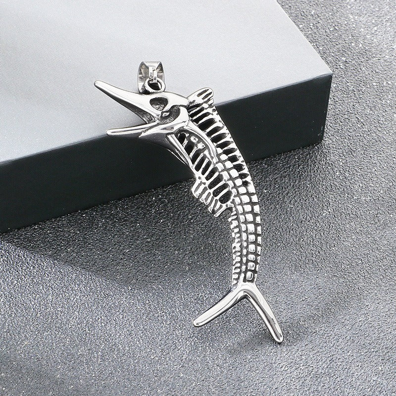 Kemstone Titanium Steel Octopus Fish Bone Pendant Necklace for Men Punk Ocean Animal Vintage Oxidized Silver KP117754-LU