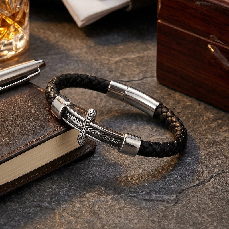 Kemstone Wheat Engraved Cross Bracelet for Men Braided Faux Leather Titanium Steel KB214751-SJ