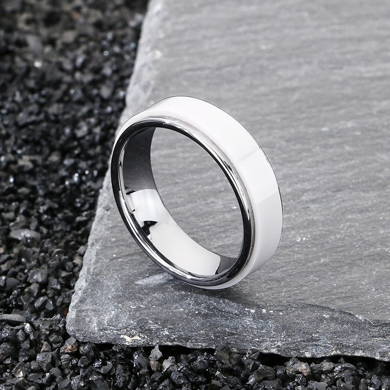 Kemstone Tungsten Steel Ring for Men & Women – Ceramic Inlay / Faceted Black Enamel Band 6mm 7mm KR114248-TS