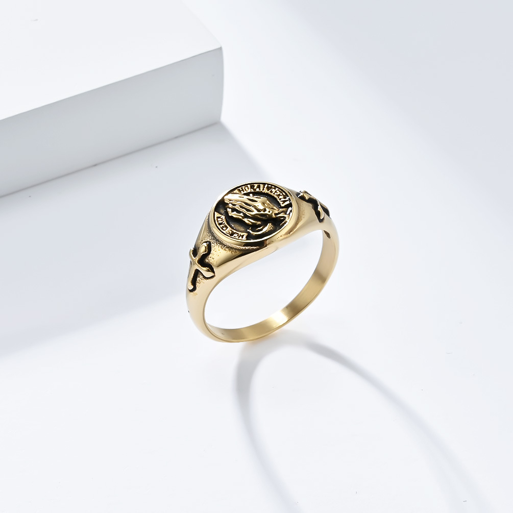 Kemstone Praying Hands Cross Signet Ring in Stainless Steel for Men,Silver Gold Black – K-R831