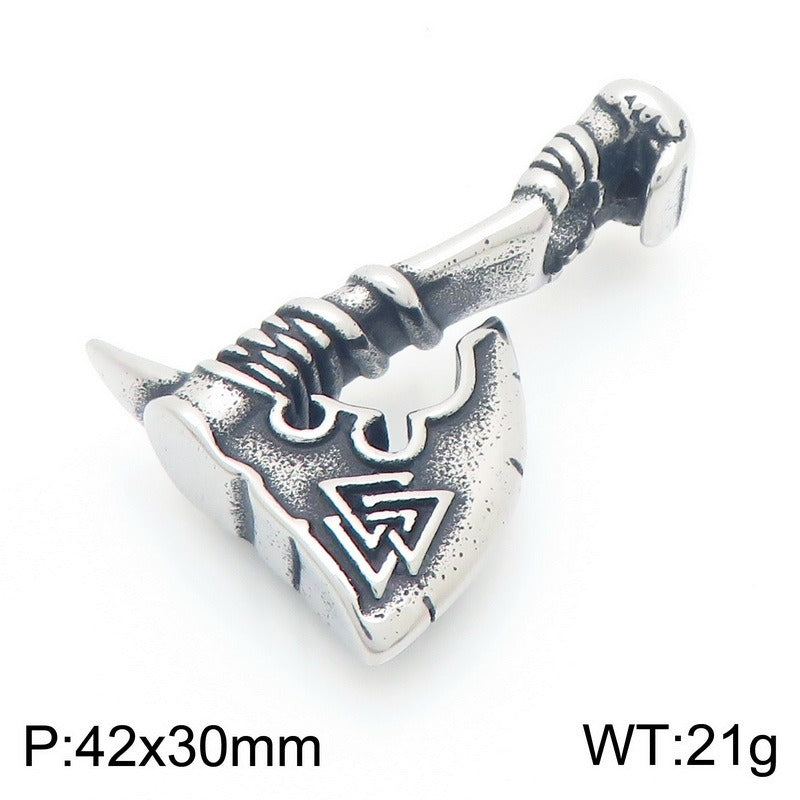 Kemstone Viking Axe Pendant Necklace Titanium Steel Wolf Head Celtic Knot Style for Men Silver KP117026-LU