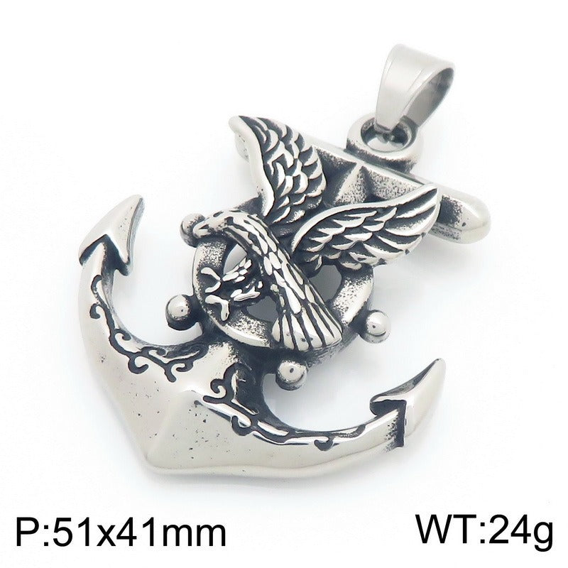 Kemstone Anchor Pendant Necklace Titanium Steel Nautical Wheel Skull Cross Design for Men Silver KP117037-LU