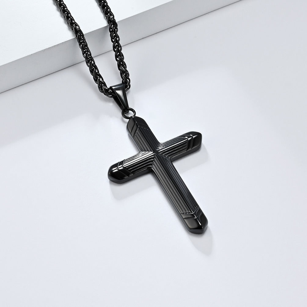 Kemstone Stainless Steel Cross Pendant Necklace for Men – Engraved Line Relief, Silver Gold Black K-PT588