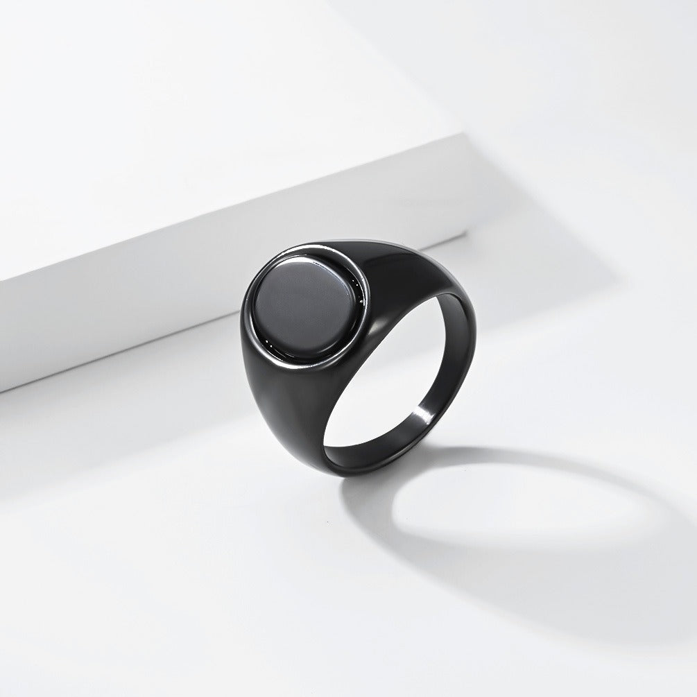 Kemstone Signet Ring for Men Stainless Steel Oval Black Stone Inlay Geometric Style KR1134