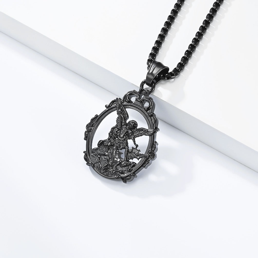 Kemstone Stainless Steel Angel Pendant Necklace for Men Vintage Relief Archangel Medallion Oval Silver Gold Black K-PT711