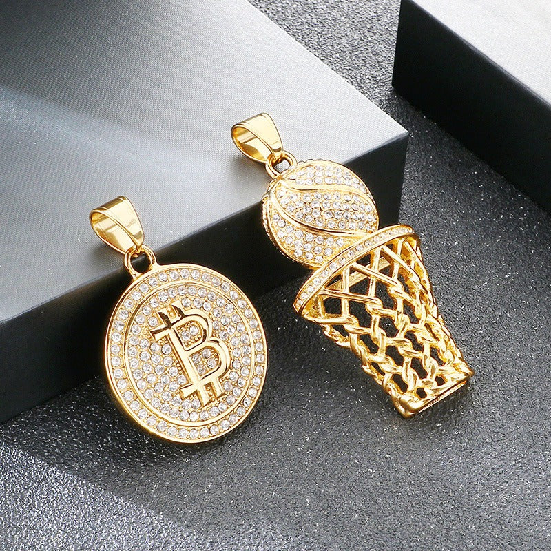 Kemstone Basketball Hoop Coin Pendant Necklace for Men – Rhinestone Titanium Steel Hip Hop Style KP117911-MZOZ