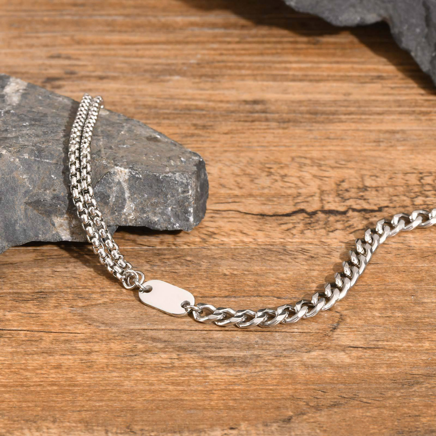 Kemstone Stainless Steel Double Chain Bracelet with Oval Plate for Men – Minimal Layered Link BR-1969