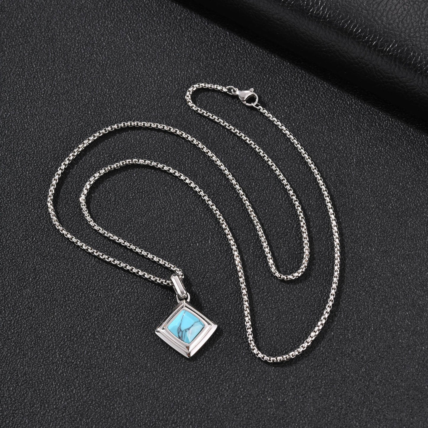 Kemston Tiger Eye Square Pendant Necklace for Men Stainless Steel Geometric Stone Design PN-2436