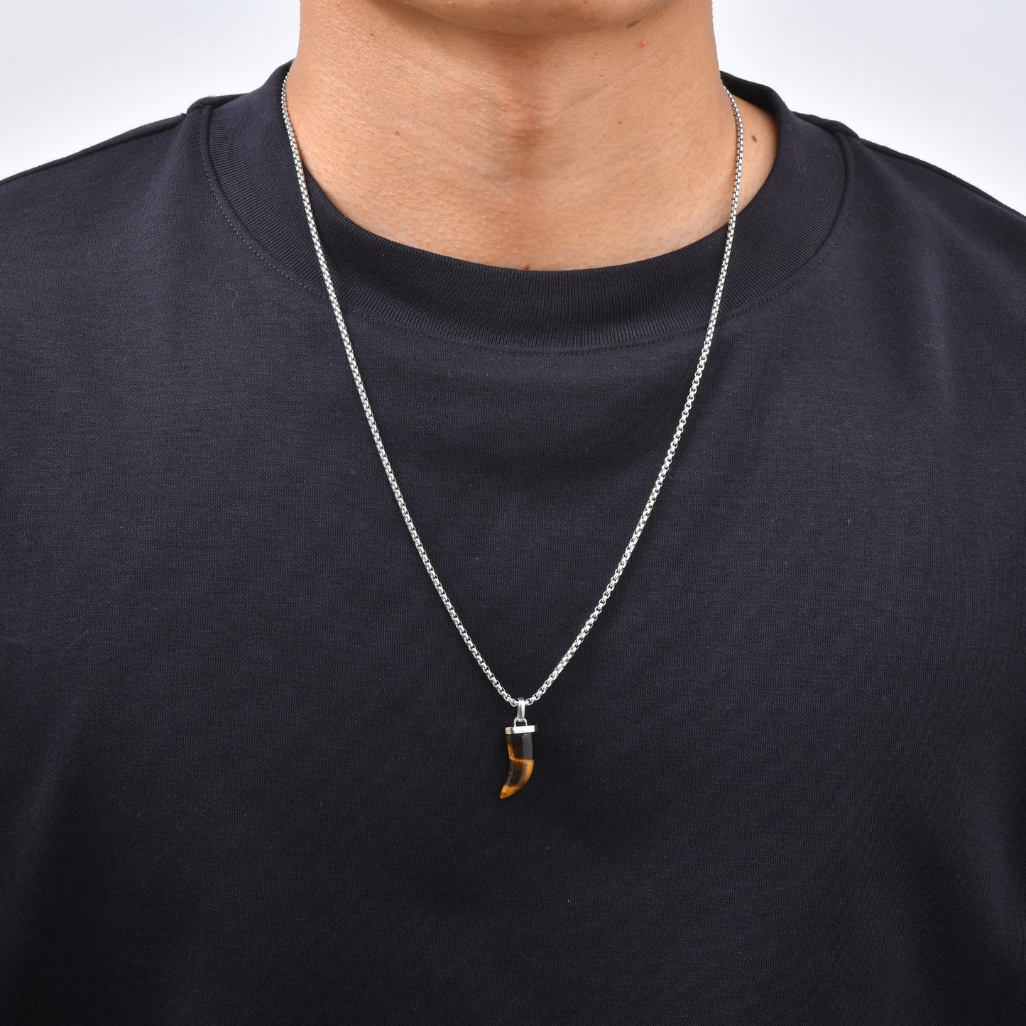 Kemstone Horn Pendant Necklace for Men & Women Stainless Steel Tiger Eye Black Agate PN-2438