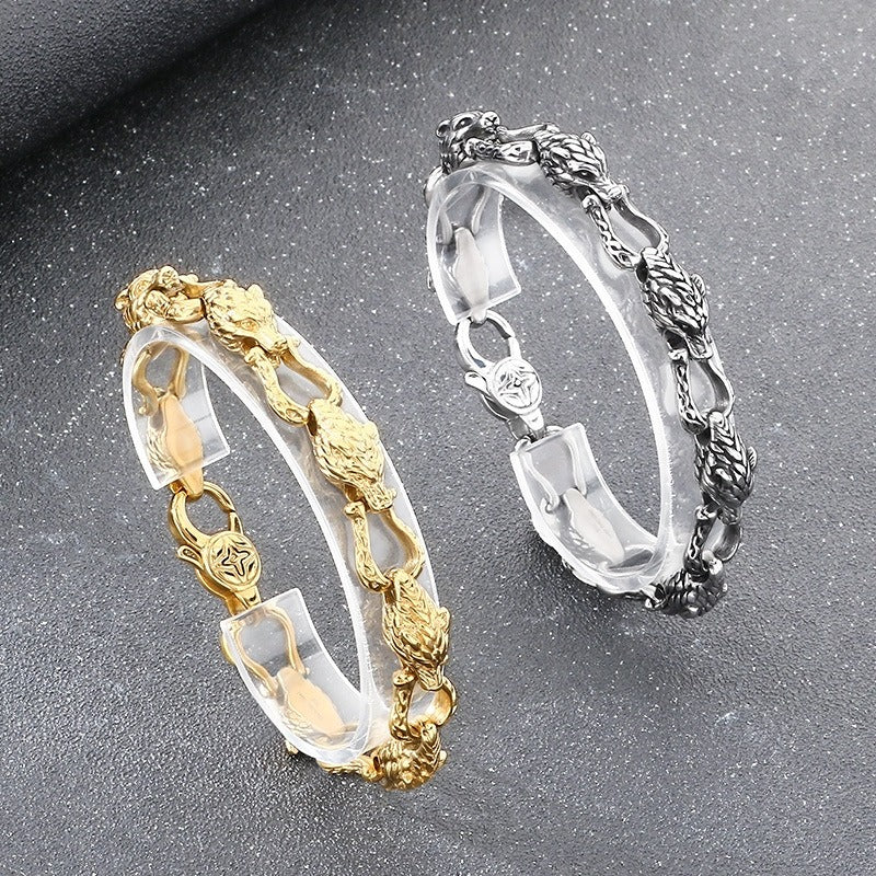 Kemstone Viking Tail-Biting Wolf Head Bracelet – Stainless Steel Vintage Design, Gold/Silver KB204389-KJX