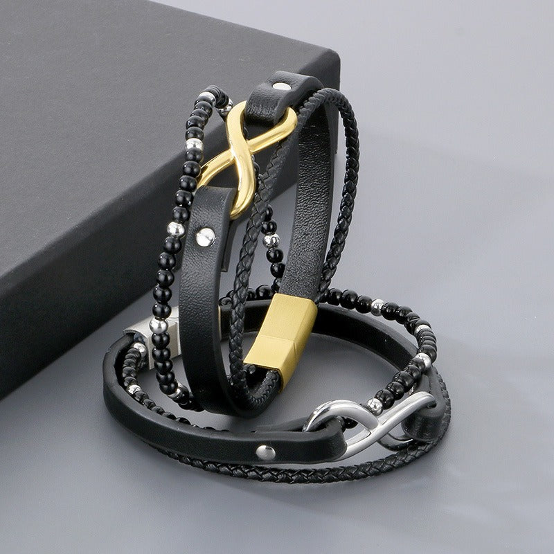 Kemstone Layered Leather Beaded Infinity Bracelet for Men Stainless Steel Clasp Wristband KB180750-JR