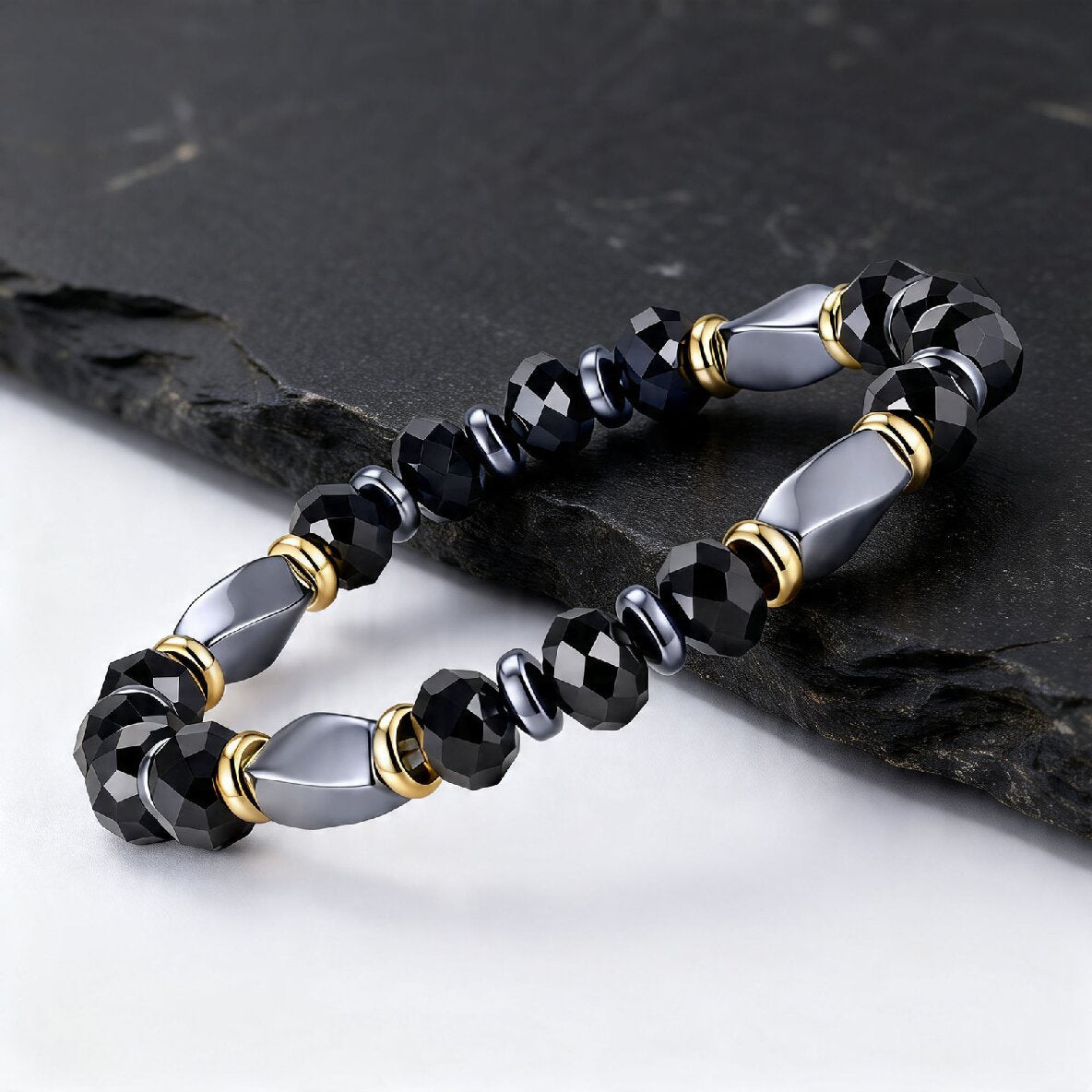 Kemstone Mixed Black Beaded Bracelet for Men Stainless Steel Spacer Stretch Chain BR-3143