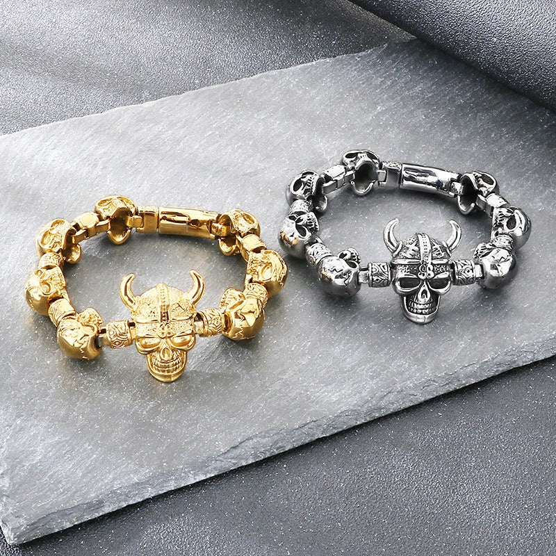 Kemstone Skull Bracelet for Men Titanium Steel Chunky Chain Heavy Punk Style Silver Gold KB209644-KJX