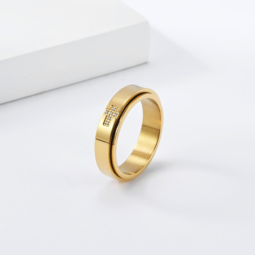 Kemston Rotating Cross Ring for Men & Women Stainless Steel Small Stone Detail K-R1220