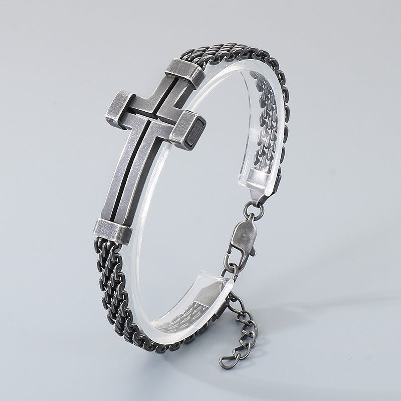 Kemstone Titanium Steel Hollow Curved Cross Bracelet for Men Adjustable Double Chain Gold Silver Black KB212800-KFC