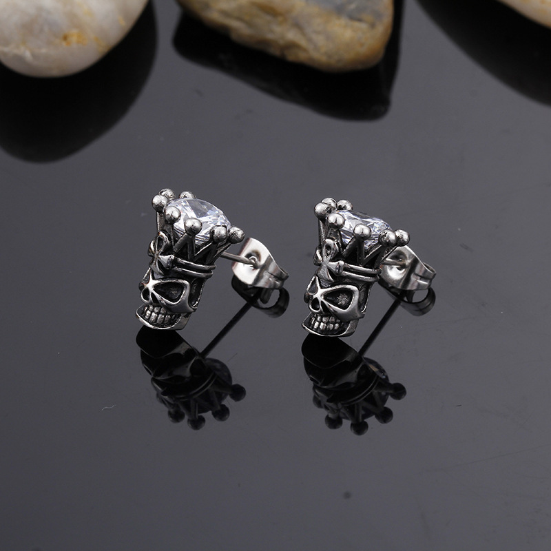 Kemstone Crowned Skull Cubic Zirconia Stud Earrings for Men – Titanium Steel Vintage Silver KE71702