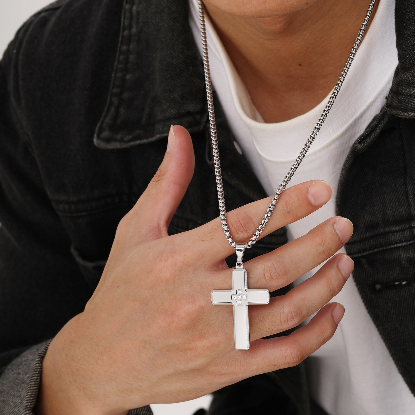 Kemstone Stainless Steel Cross Pendant Necklace with Cubic Zirconia Inlay for Men PN-2044