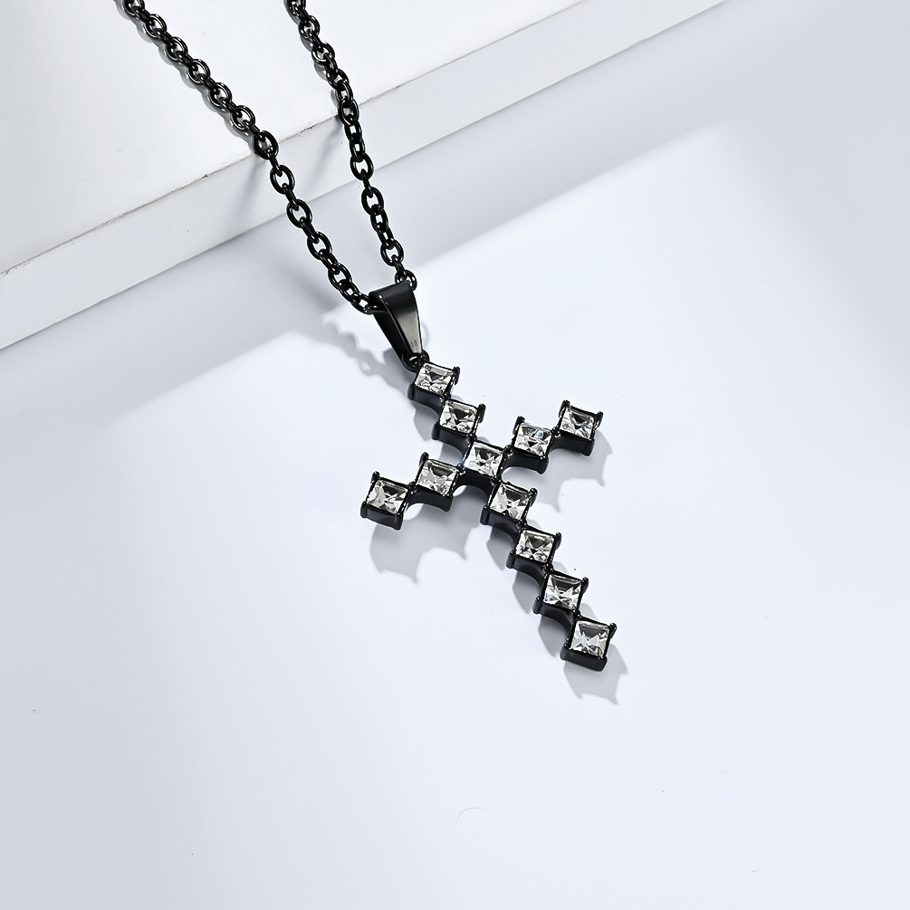 Kemstone Square Cubic Zirconia Cross Pendant Necklace for Men Stainless Steel K-PT502