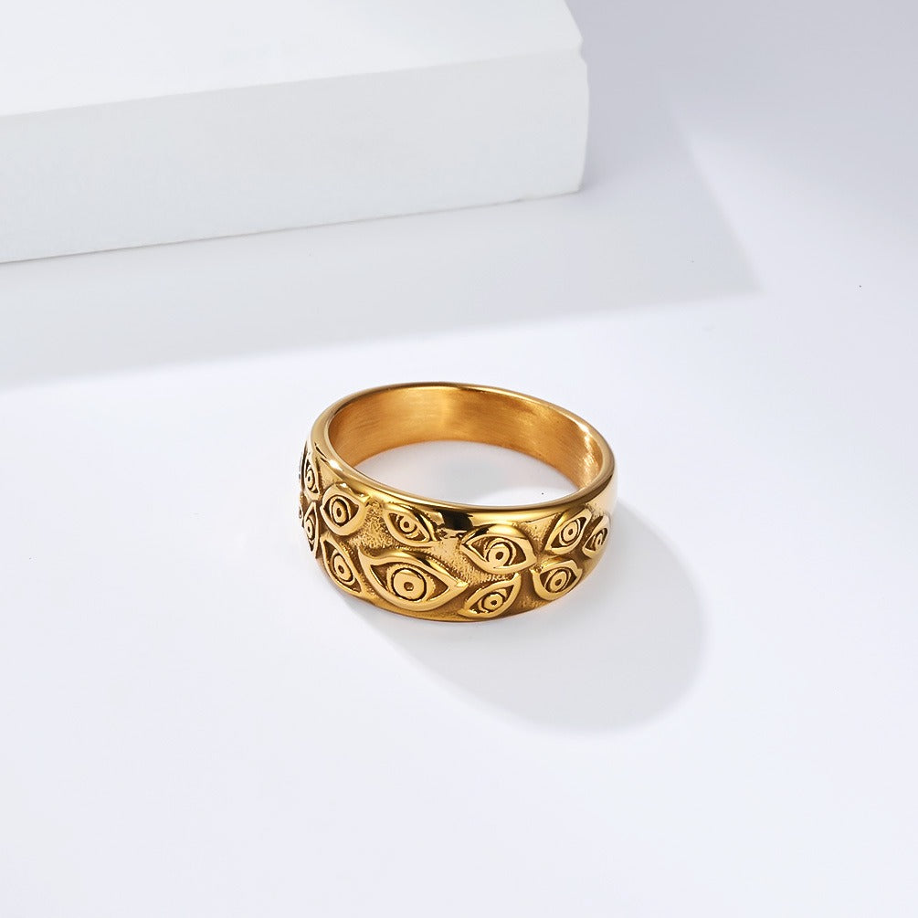 Kemstone Titanium Steel Evil Eye Ring for Men – 10mm Gothic Demon Band Jewelry, Silver/Gold/Black K-R1082