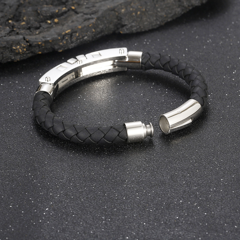 Kemston T-Bar Braided Leather Bracelet for Men Titanium Steel Stone Accent Gold Silver KB163596-KFC