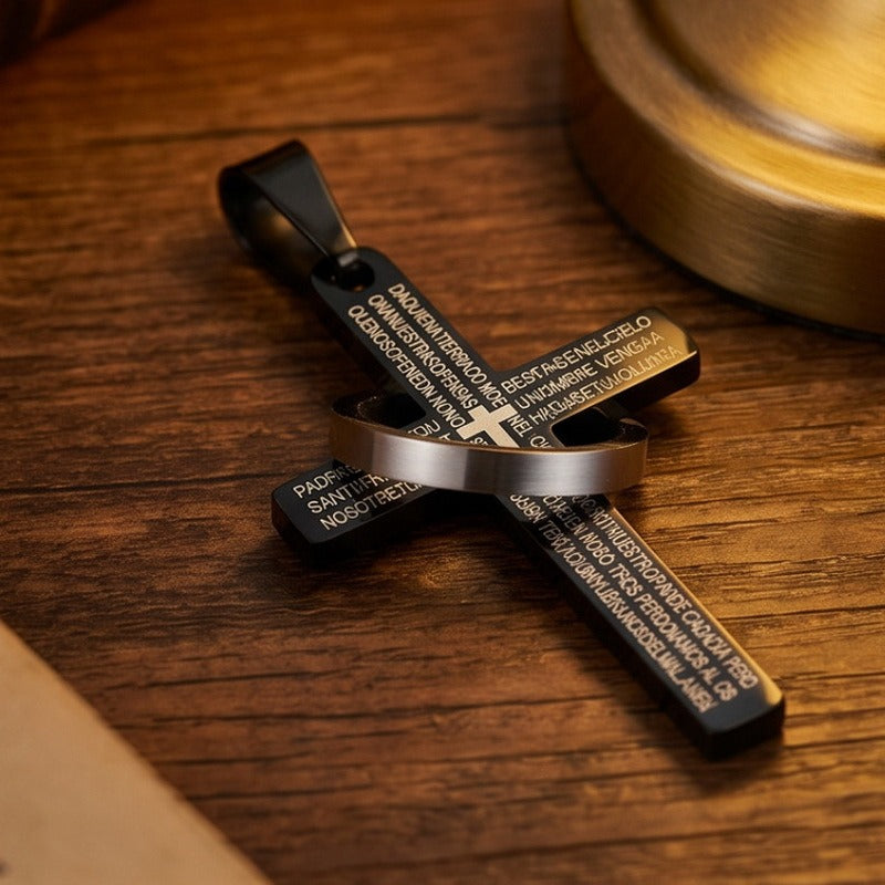 Kemstone Titanium Steel Engraved Cross Pendant for Men Vintage Ring Cross Chain KP119055-Z