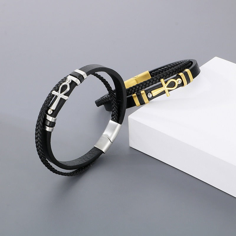 Kemstone Layered Leather Bracelet for Men Stainless Steel Cross Detail KB180738-JR