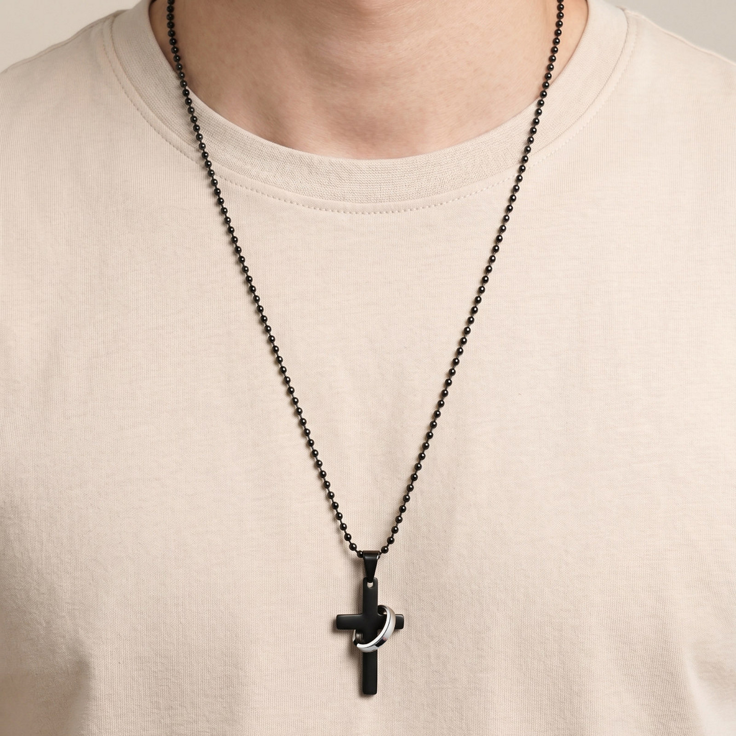Kemstone Stainless Steel Cross Ring Pendant Necklace for Men Silver Black NC-3002
