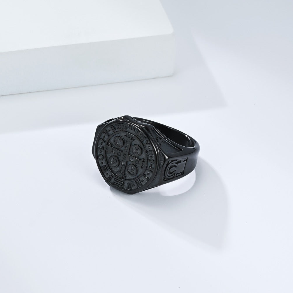 Kemstone Men’s Stainless Steel St. Benedict Cross Ring – Vintage Protection Jewelry K-R1092